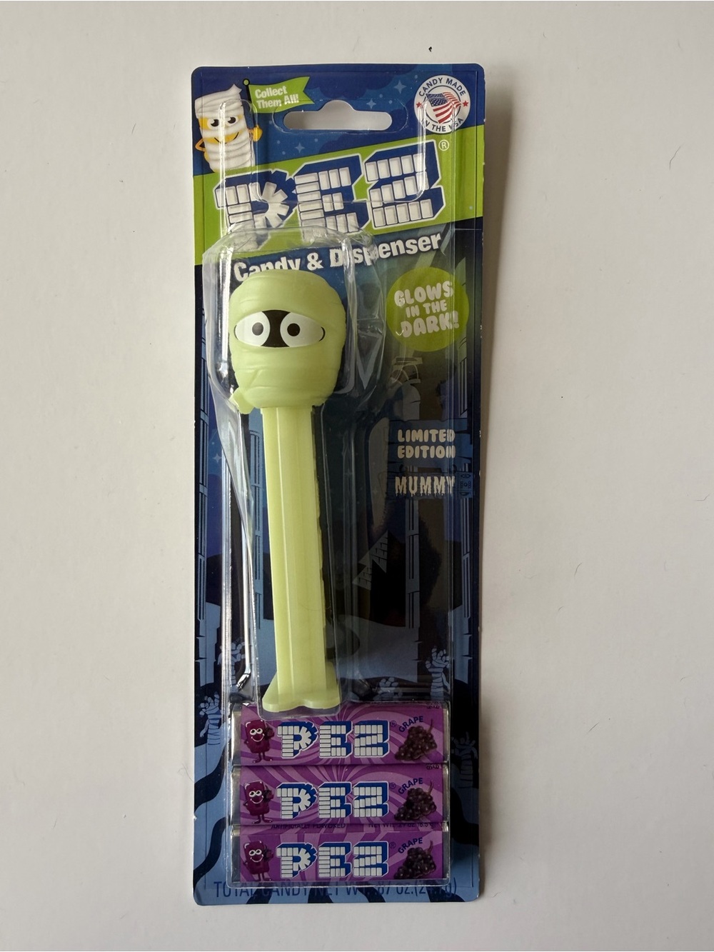 PEZ Limited Edition Glowing Mummy Candy Dispenser - Light Green - dented blister
